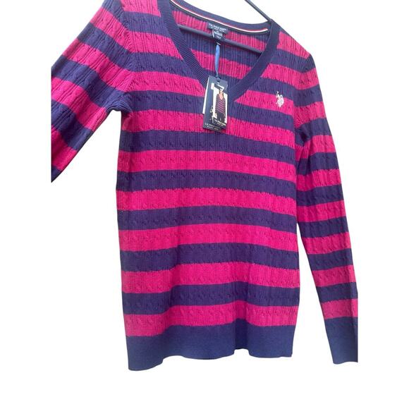 U.S. Polo Assn. V-neck Stripe Cable Sweater evening Blue & redWomen's SizeM NWT - Picture 3 of 6